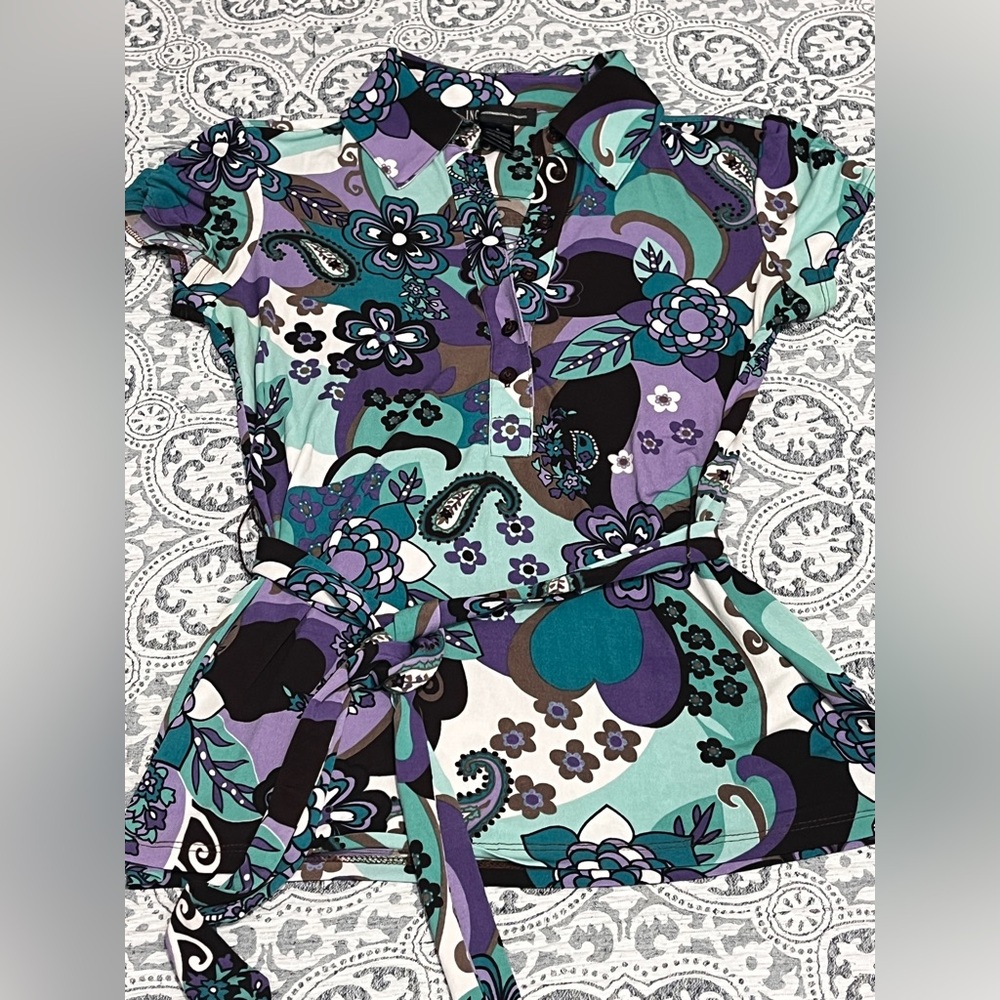 Paisley Floral 70s Purple Teal INC  Multicolor Blouse Small